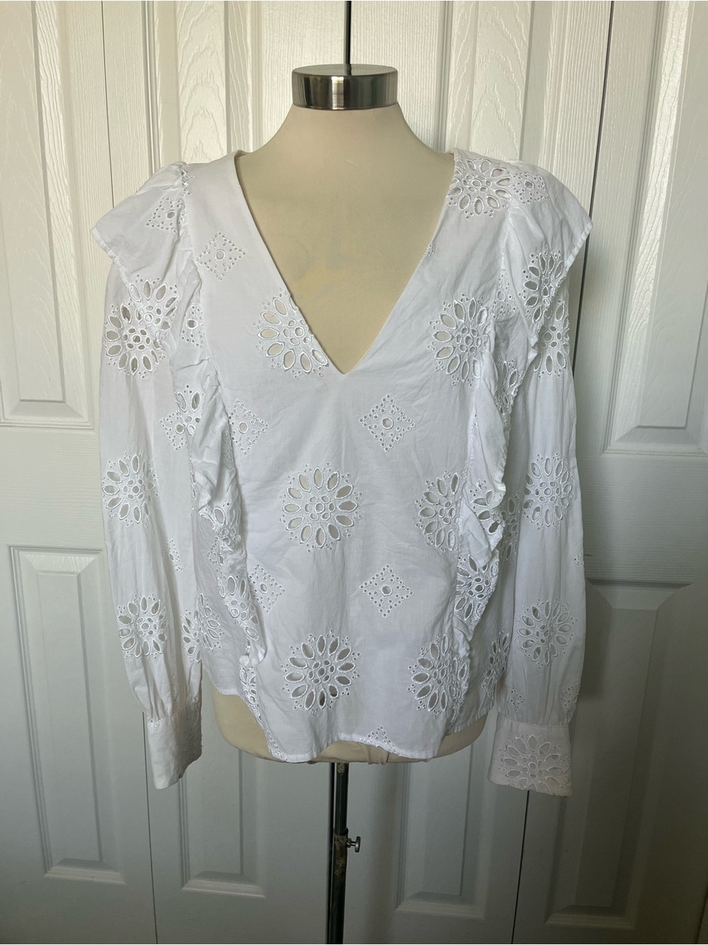 Bar III White Eyelet V-Neck Ruffle Blouse